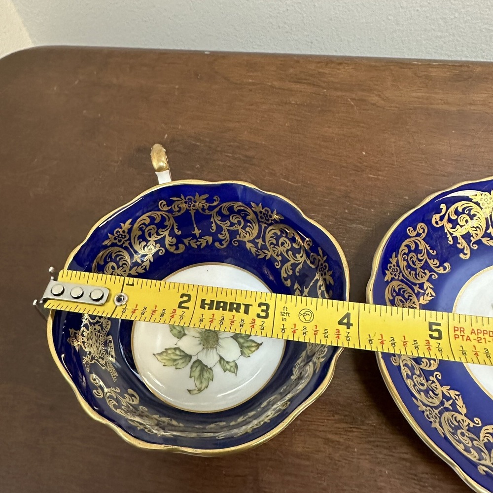 Paragon Teacup and Saucer Set Gold Blue Flower Dogwood 1958 Centennial - Picture 10 of 11